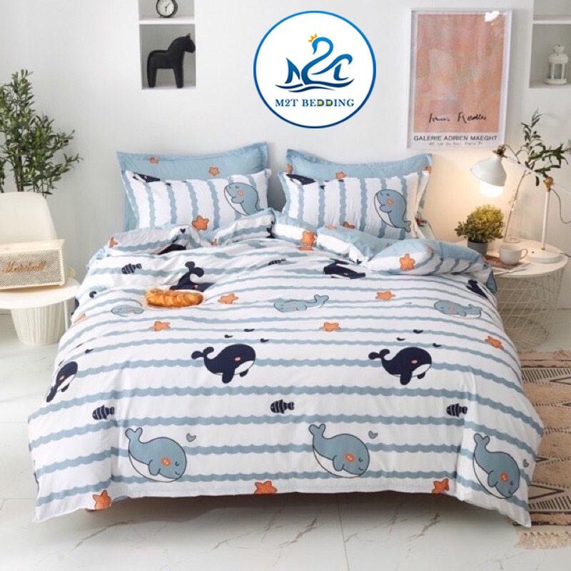 Bộ chăn ga gối Cotton Poly M2T bedding Cá heo, vỏ chăn mền, drap giường và 2 vỏ gối