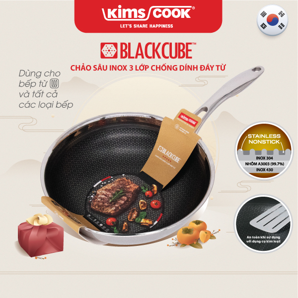 Chảo sâu KIMS COOK Blackcube inox 3 lớp đáy từ chống dính 