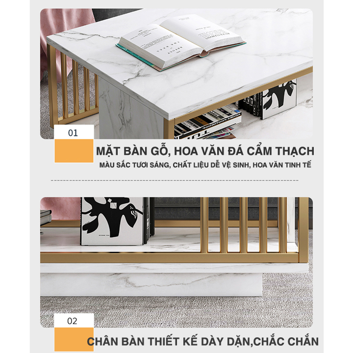 Bàn trà sofa phòng khách ANA mặt bàn họa tiết vân mây cẩm thạch hoặc xám đen 2 tầng khung thép - SF02