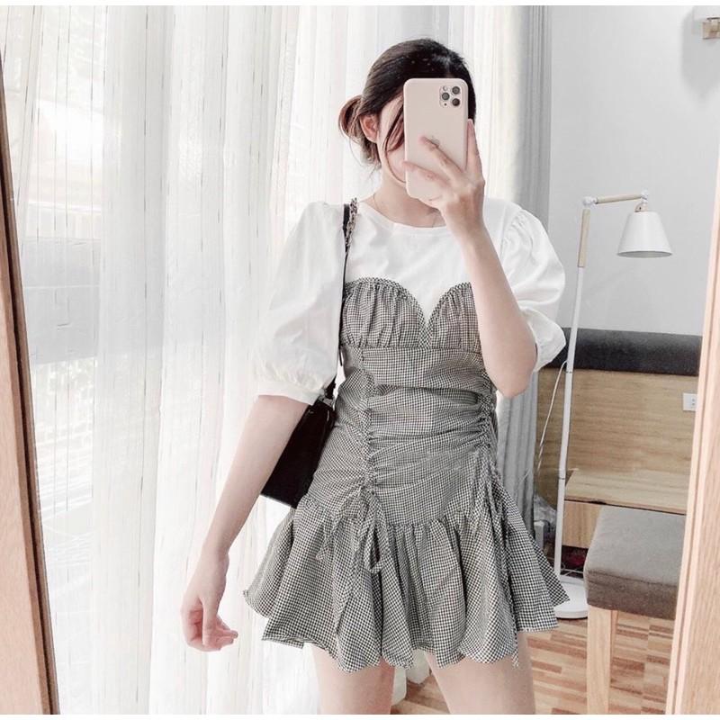 038 - Đầm caro rút cổ tròn khóa kéo sau