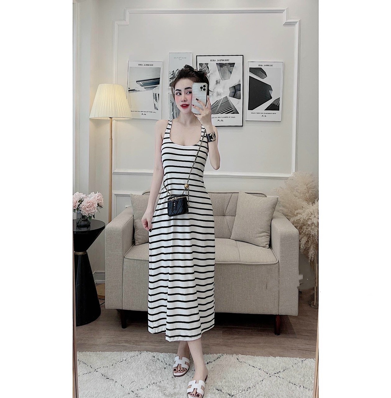 Đầm suông nữ thiết kế ba lỗ cổ tròn dáng xoè nhẹ vintage trẻ trung, Váy maxi nữ sát nách dáng dài đi biển