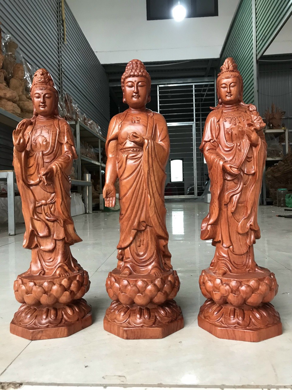 Bộ tượng phật tam thánh bằng gỗ hương đá kt cao 50×15×15cm