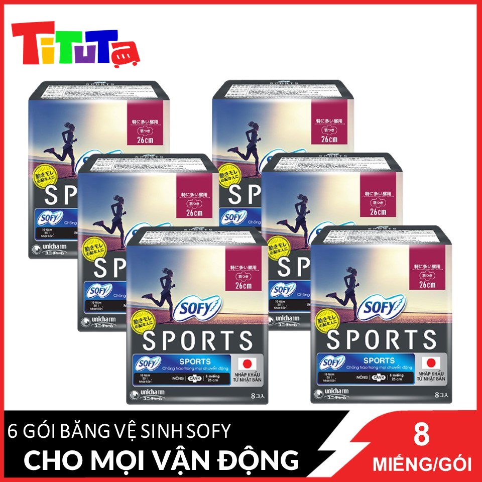 Combo 6 Băng Vệ Sinh Sofy Sports 26 Cm Chống Trào Trong Mọi Chuyển Động 8 Miếngx6