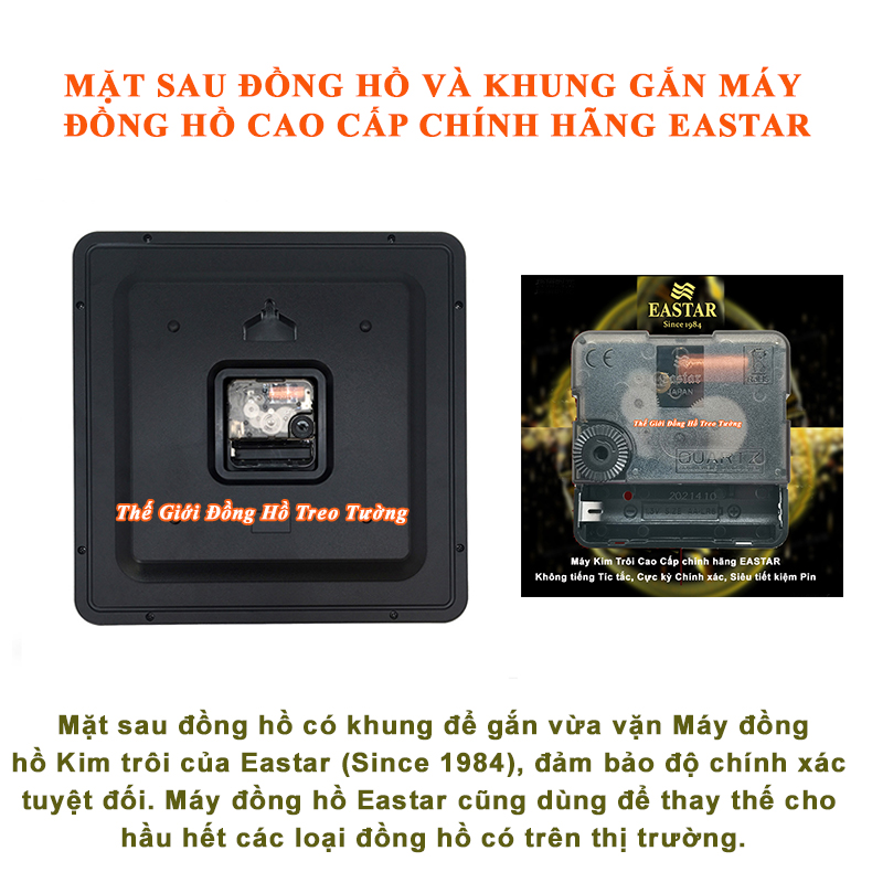Đồng Hồ Treo Tường KIM TRÔI NHẬT Cao Cấp EASTAR Có DẠ QUANG Hình Vuông - Tặng Pin Maxell - Bảo Hành 1 Năm
