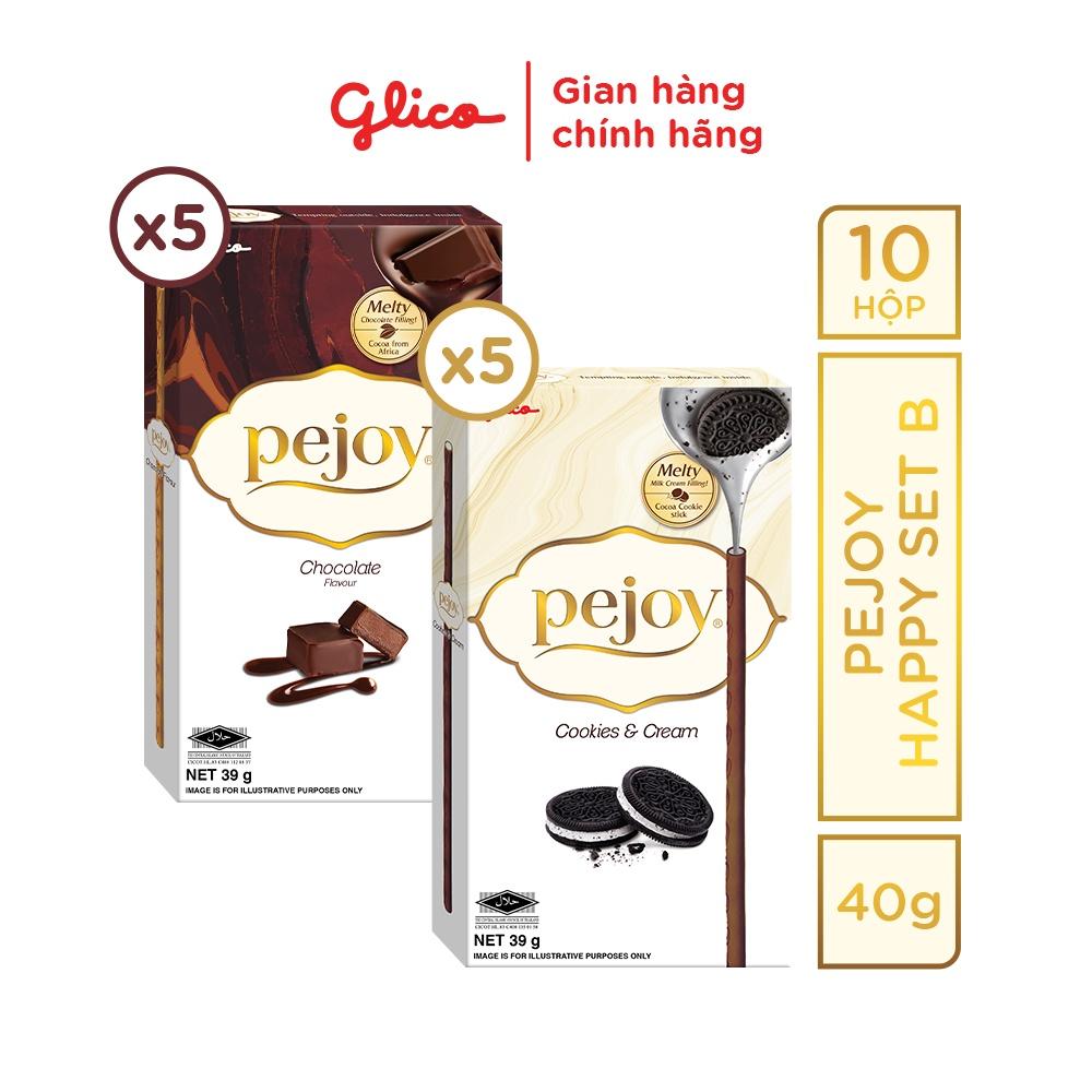 Bánh que nhân kem mix 2 vị socola & cookie GLICO Pejoy (Happy Set B 10 hộp - 5 Socola 5 Cookie)