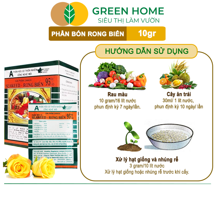 Phân Bón Lá Rong Biển GreenHome, Seaweed, Gói 10gr, Hữu Cơ, Ra Hoa, Đậu Trái, Chắc Hạt, Tăng Khả Năng Ra Đọt, Tốt Rễ