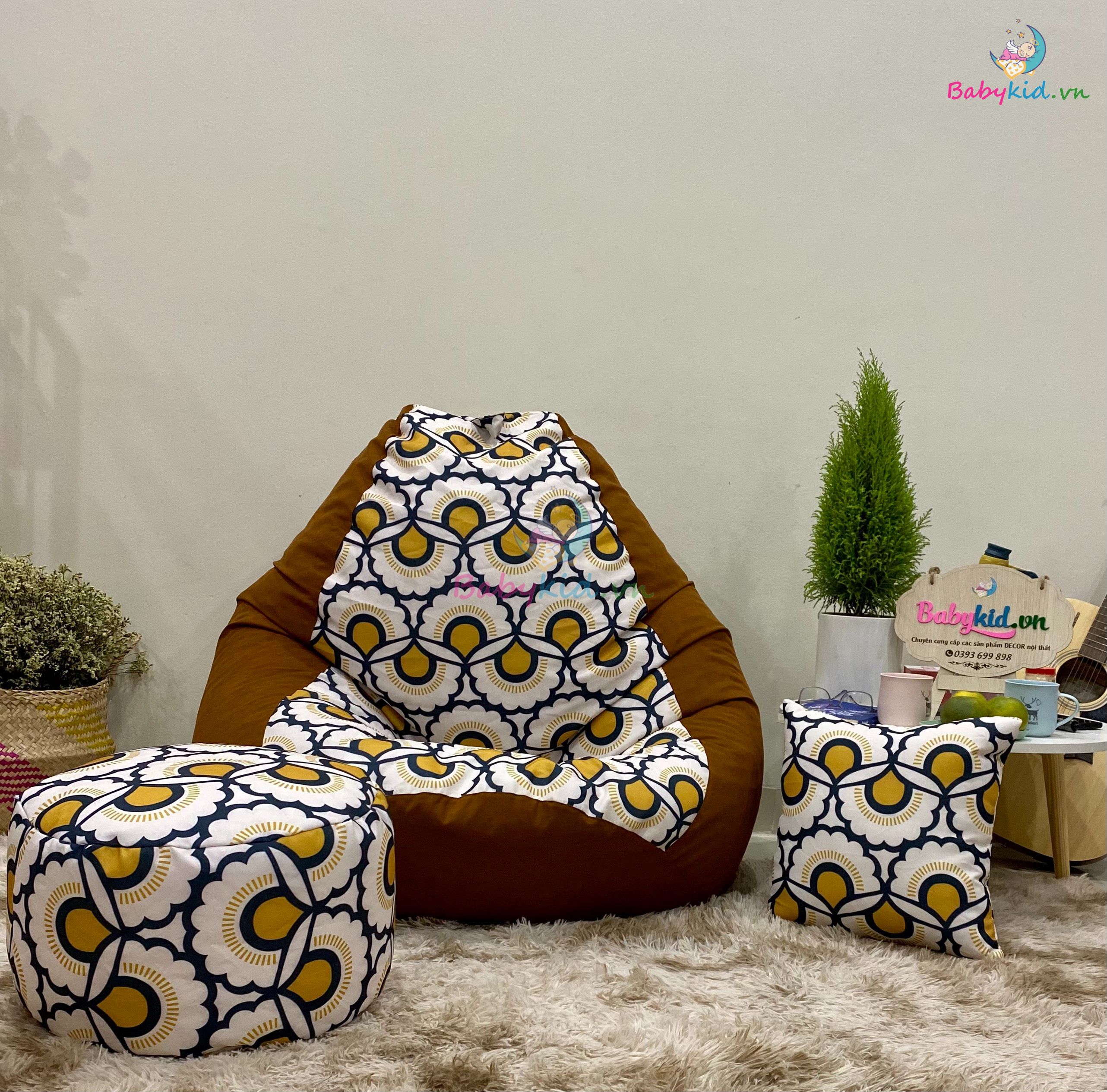 Ghế xốp dáng lê size L 90x120cm THÔ HÀN mát hoạ tiết hình quạt mix cam DA LỘN - CÓ SẴN XỐP