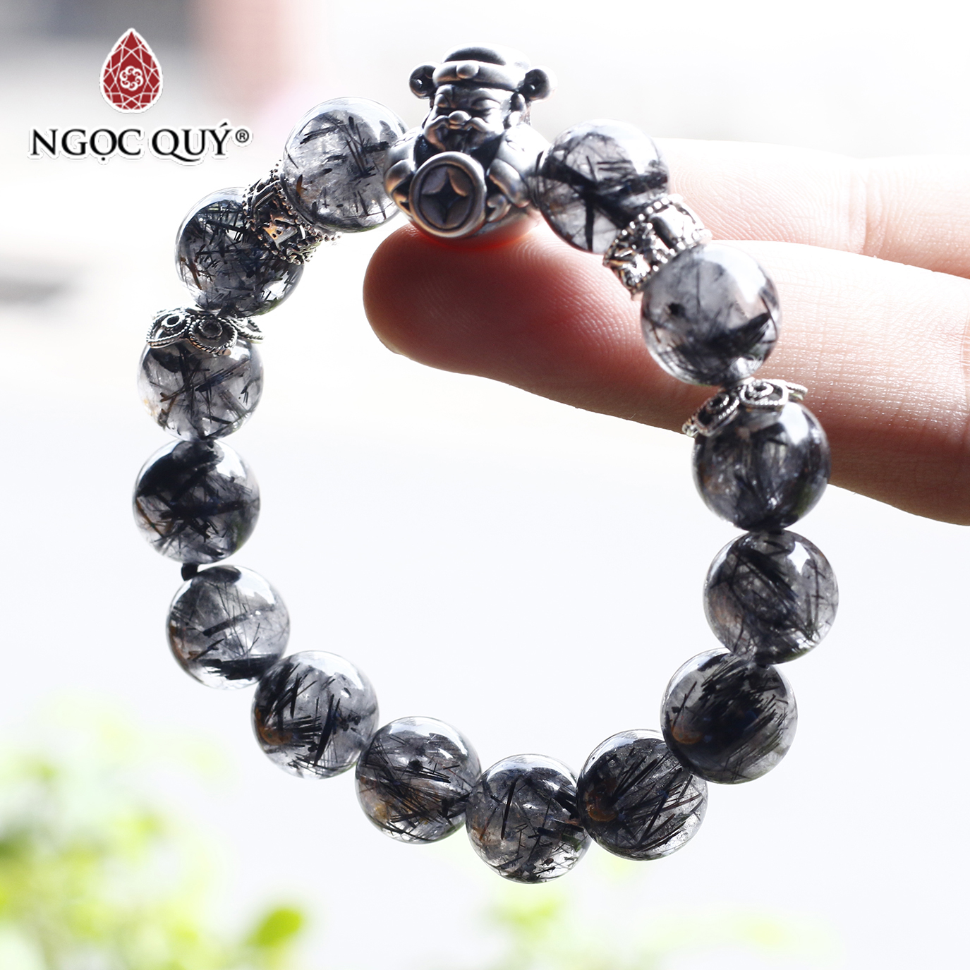 Vòng thạch anh tóc đen 12mm phối charm bạc thần tài mệnh thủy, mộc - Ngọc Quý Gemstones