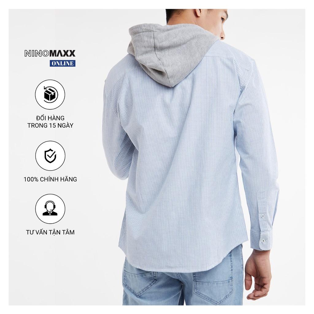 Ninomaxx Áo sơ mi nam phối nón màu sọc xanh chất liệu 100% cotton 1912057