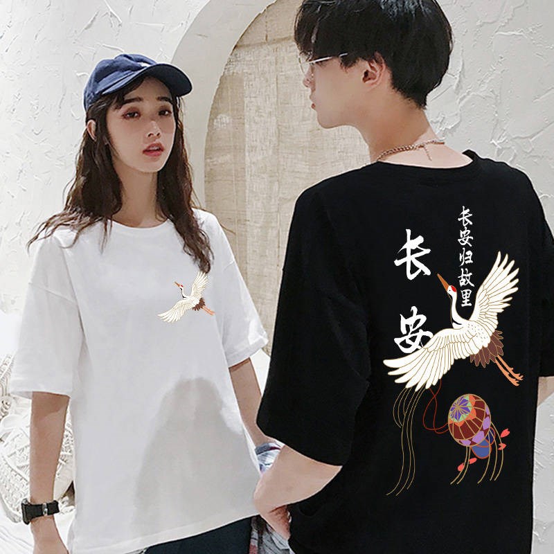 Áo phông cổ trang in hình chim hạc Unisex cá tính