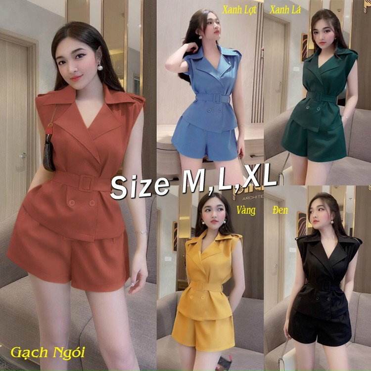 Sét nguyên bộ quần short lưng thun áo cổ vest kèm belt rời