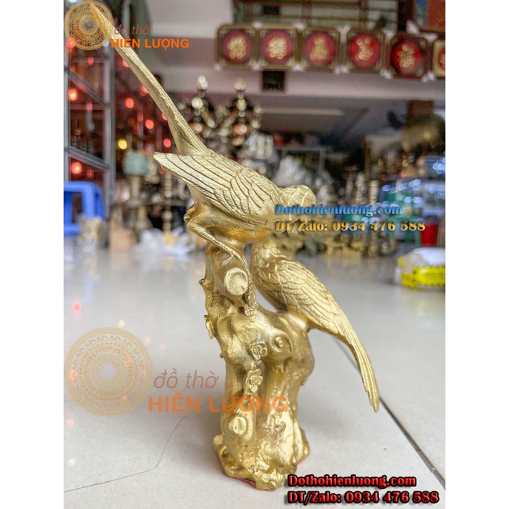 Tượng Đôi Chim Uyên Ương Màu Vàng Đậu Cành Cây Bằng Đồng - Song Hỷ Lâm Môn