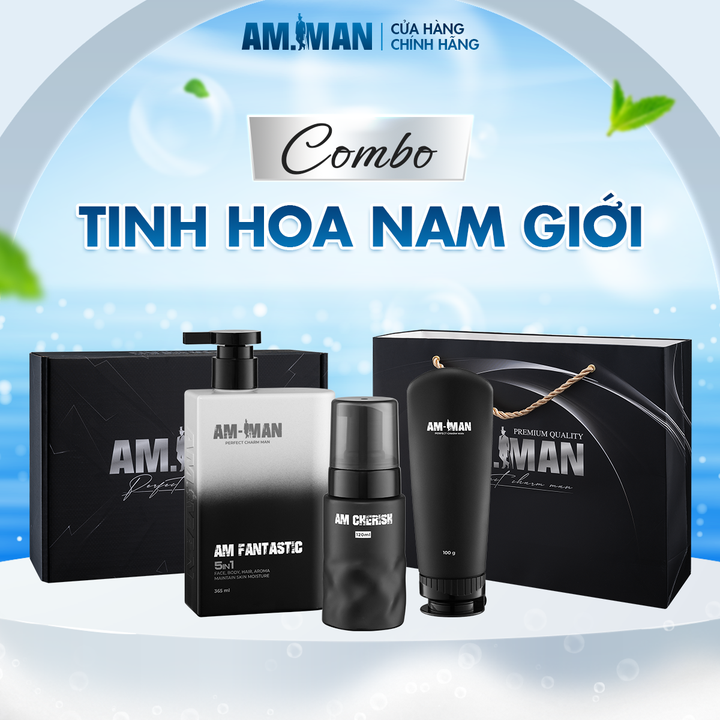 Combo Sữa tắm gội nam AM FANTASTIC 5in1 365ml &amp; Gel rửa mặt AM AGERASIA 100ml &amp; Bọt vệ sinh nam AM CHERISH 120ml AM-MAN kèm hộp túi làm quà tặng, Combo tinh hoa nam giới AM MAN