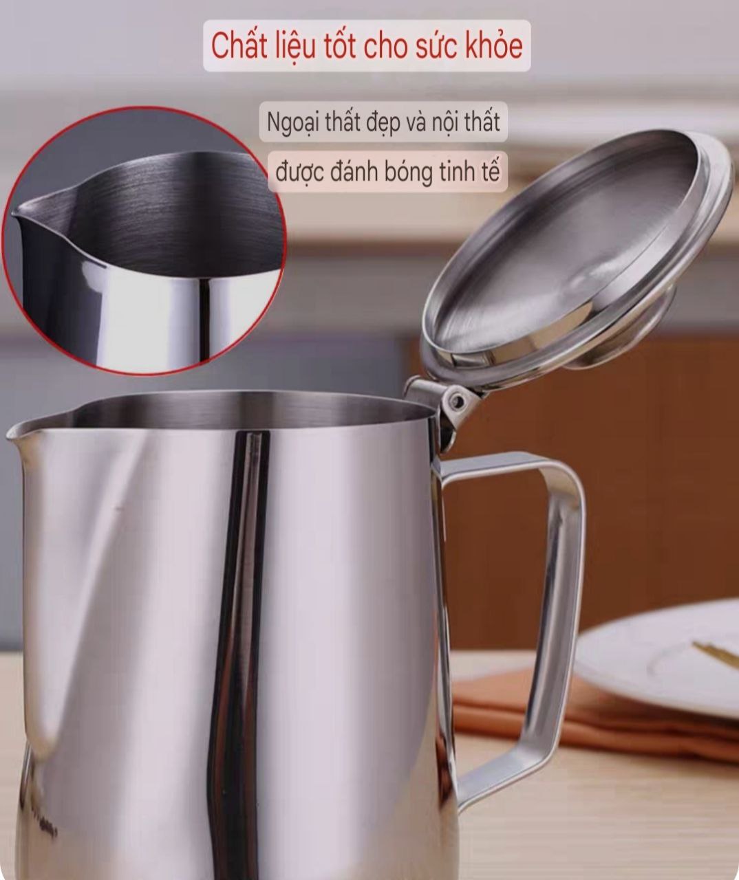 CA INOX 304 CA ĐÁNH SỮA CÓ NẮP ĐẬY NHIỀU SIZE CAO CẤP MILK PITCHER INOX 304