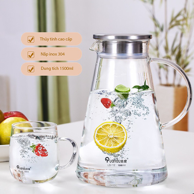 Bình nước thủy tinh nắp inox cao cấp LS12 dung tích 1500ml