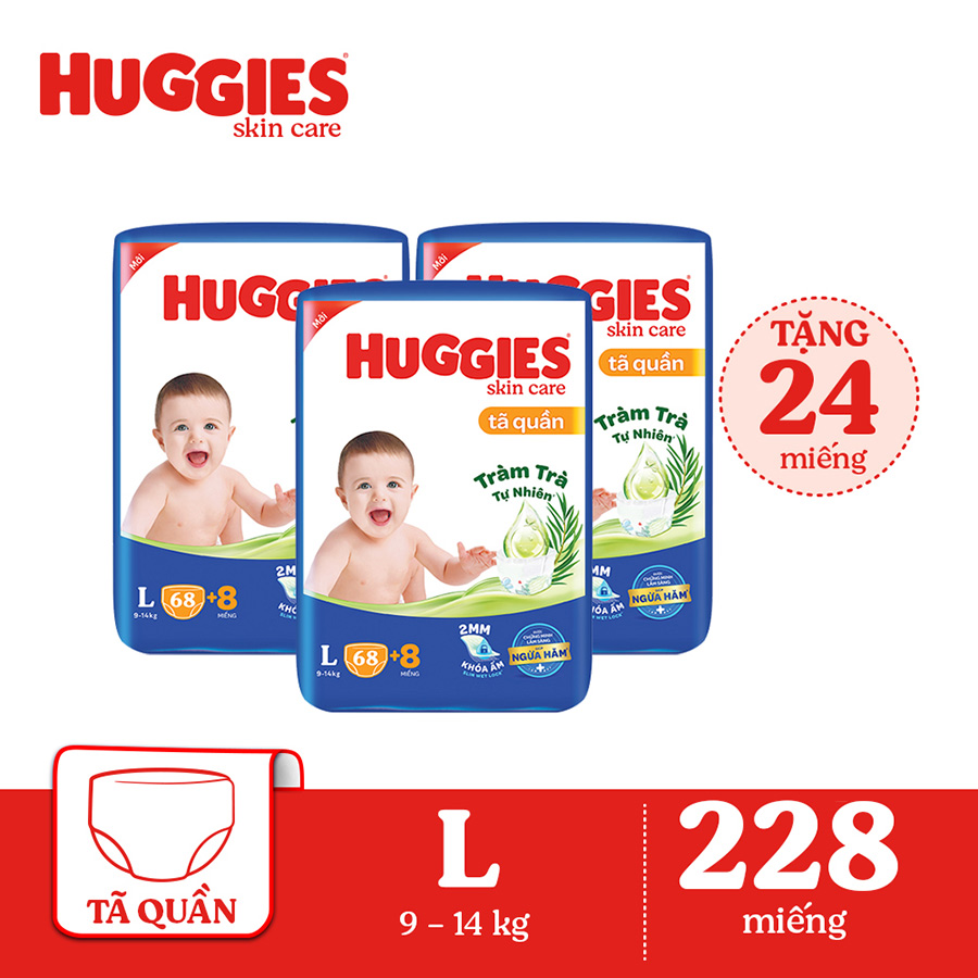 Combo 3 Tã/bỉm quần HUGGIES SKINCARE gói SUPER JUMBO size L 68+8 miếng