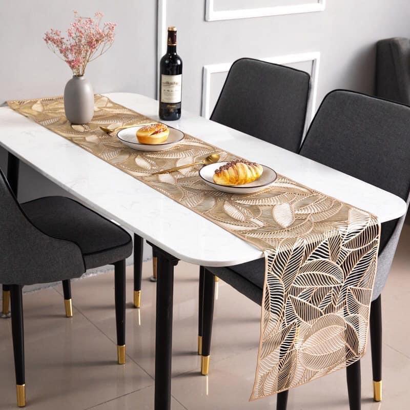 Tấm lót /Khăn trải bàn ăn cao cấp Hoạ Tiết Lá, Table runner decor bàn ăn chất liệu chịu nhiệt chống thấm