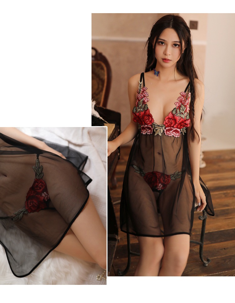 Váy ngủ thêu hoa xẻ tà sexy VN21 kèm quần lót lọt khe , Đầm ngủ gợi cảm, Đồ lót sexy, Freesize