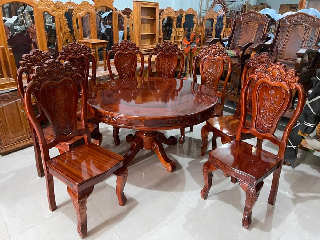 Bàn ăn tròn 8 ghế gỗ tràm hàng đẹp -Bộ bàn ăn 8 ghế cao cấp