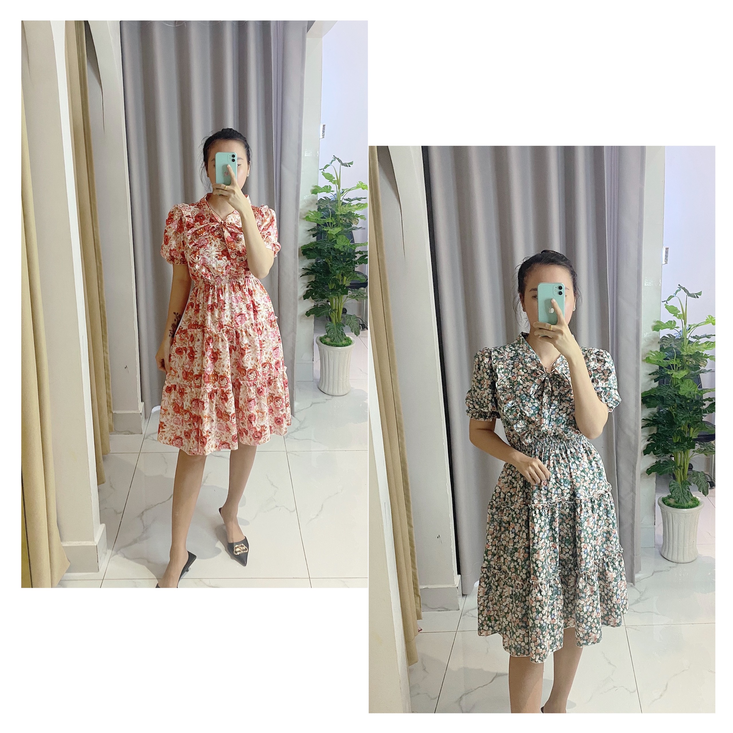 Váy nữ thời trang tiểu thư tiệc cưới, váy hoa cột nơ cổ, chất lụa mát không nhăn, không ra màu V015