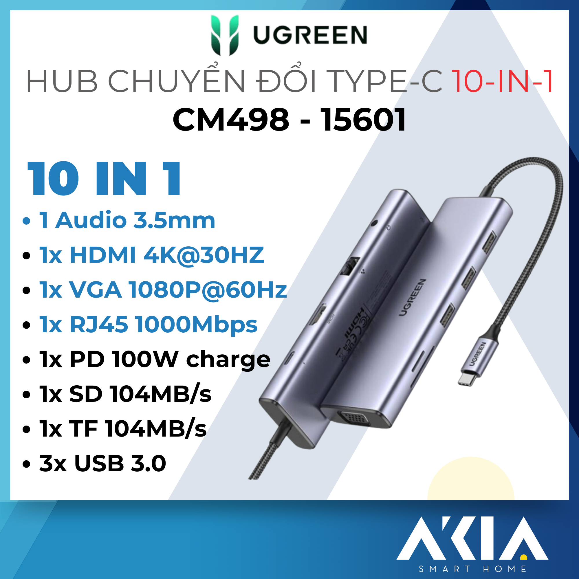 Hub chuyển đổi Type-C Ugreen 10 in 1 - Model 15601/ 80133 - Cổng HDMI 4K, Sạc PD, Aux 3.5mm - HÀNG CHÍNH HÃNG