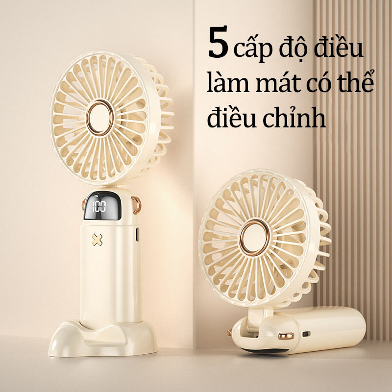 Quạt Cầm Tay Mini Tích Điện Có Đế Để Bàn Kiêm Giá Đỡ Điện Thoại Pin Trâu 6000mAh Quạt Mini Điều Hòa 5 Cấp Độ Màn Hình LCD Hiển Thị Pin Nhỏ Gọn Có Dây Đeo Cổ Chống Nước Tiện Lợi - ML039