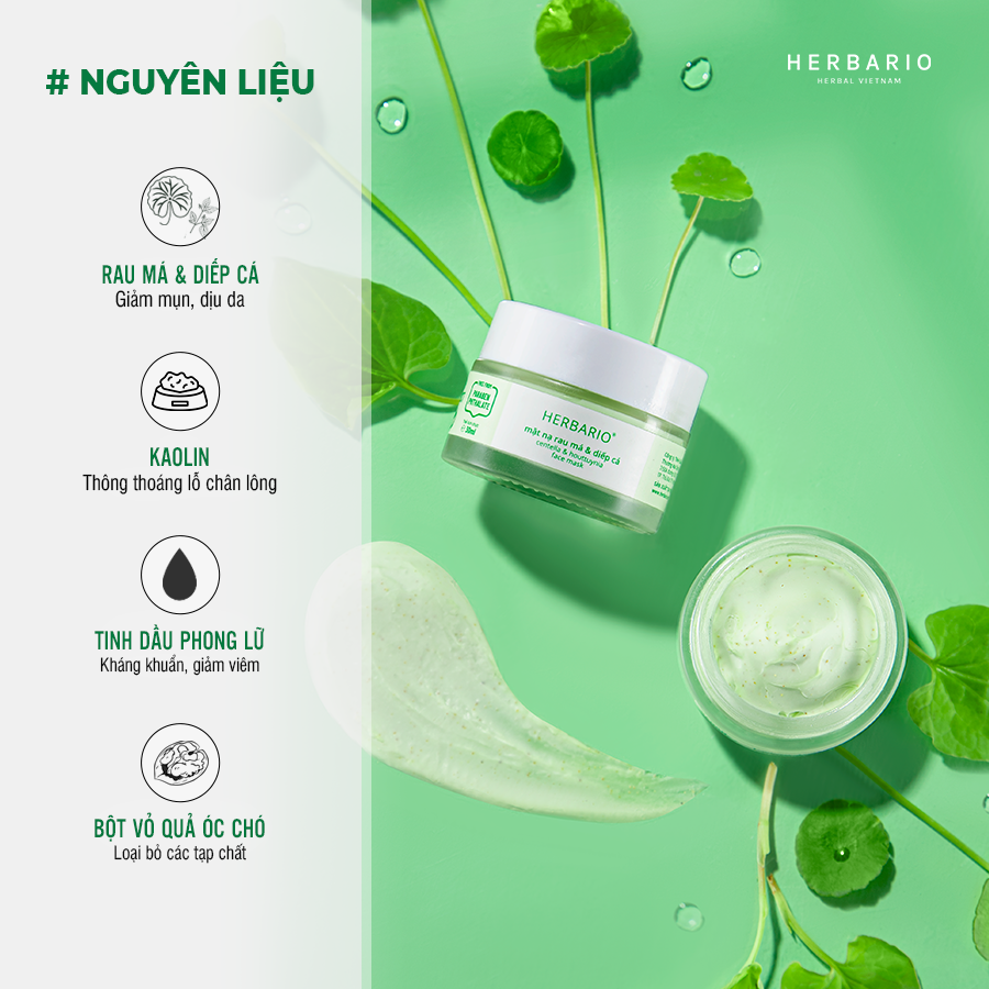 Bộ 5 Chăm Sóc Da Rau má và Diếp cá Herbario: Nước tẩy trang 300ml + Sữa rửa măt 200ml + Xịt khoáng 100ml +Mặt nạ 30ml+Tinh chất 30ml