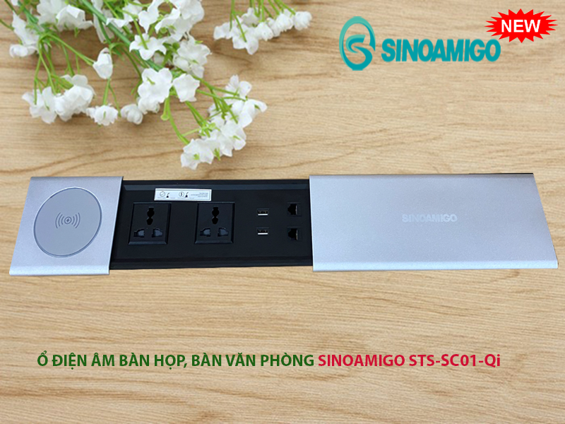 Hộp điện âm bàn nắp trượt cao cấp Sinoamigo STS-SC01-Qi, tích hợp công nghệ sạc không dây cho điện thoại, máy tính bảng