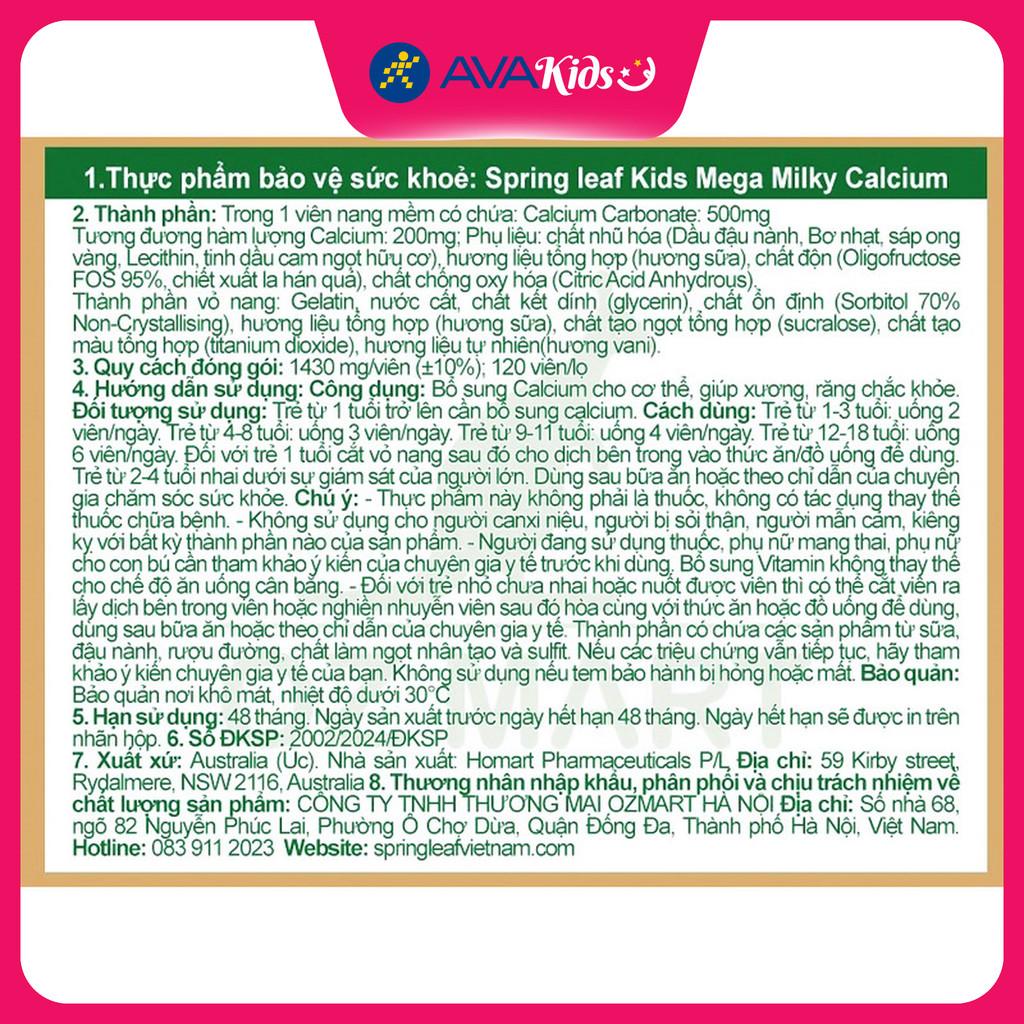 Viên uống SpringLeaf Kids Mega Milky Calcium hỗ trợ xương, răng chắc khỏe 120 viên (từ 1 tuổi) - Hàng Chính Hãng