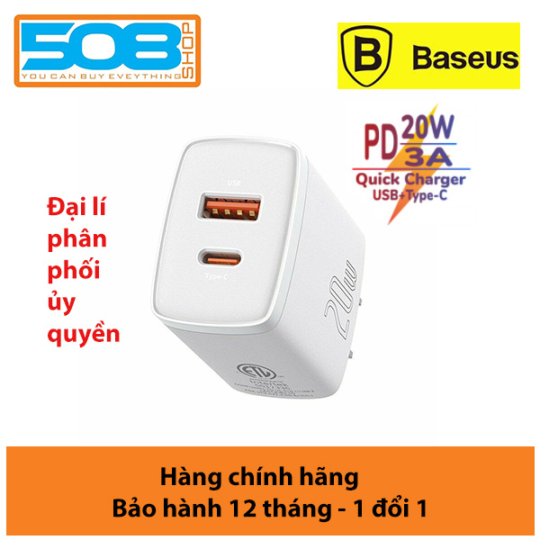 Củ sạc nhanh PD 20W Baseus Compact Quick Charger chuôi dẹt 1 cổng Usb và Type-C - Hàng chính hãng