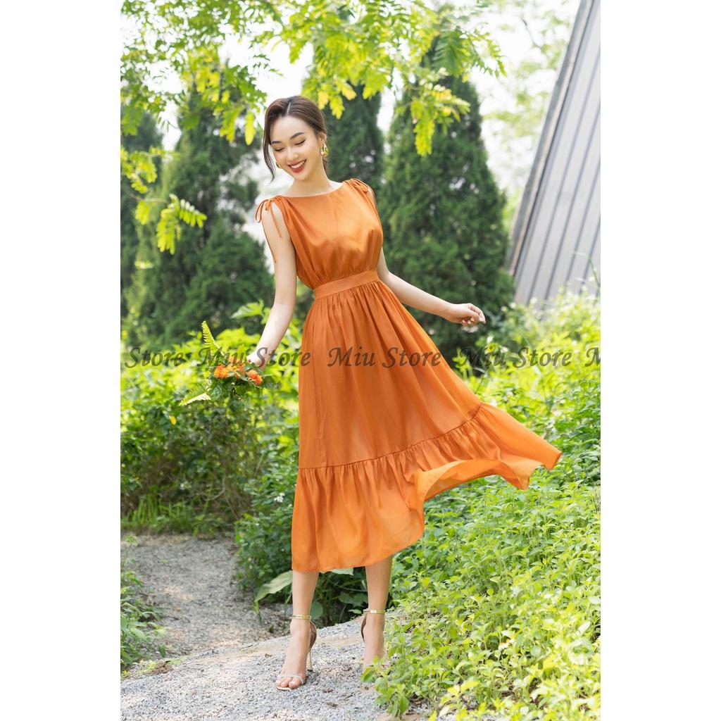 D00357 - Đầm thiết kế maxi cam vai rút dây vải voan màu cam cao cấp Miu Store