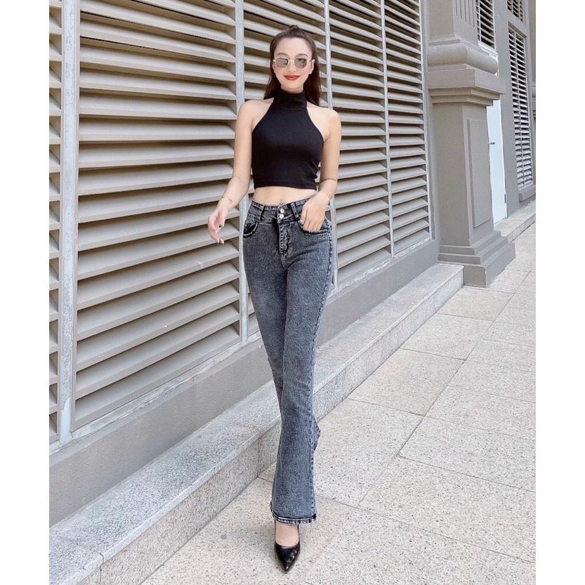 Quần Jeans Nữ Ống Loe Dài Co Giãn Màu Xám
