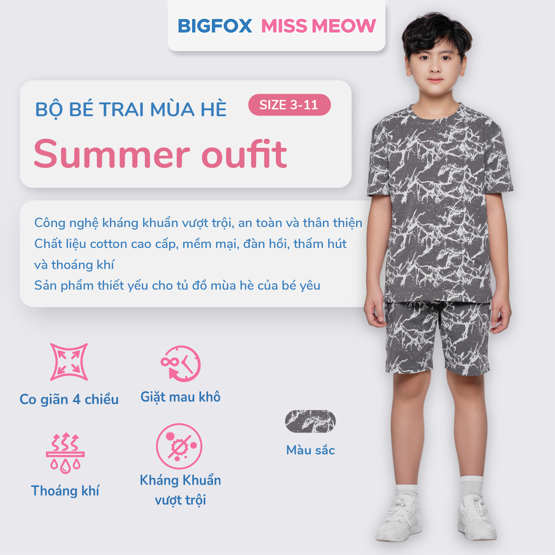 Bộ cộc tay bé trai Bigfox Miss Meow size đại chất cotton cỡ 12,13,14,15 tuổi 40kg 50kg