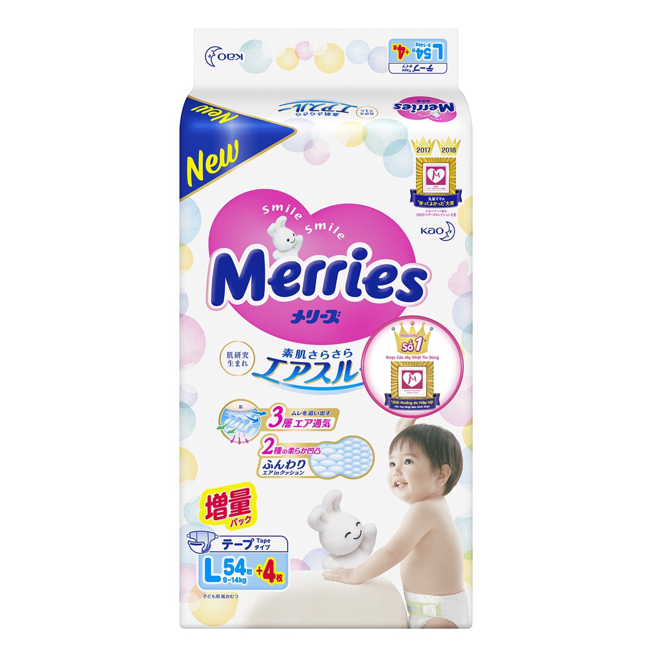 Bỉm - Tã dán Merries size L 58 nội địa