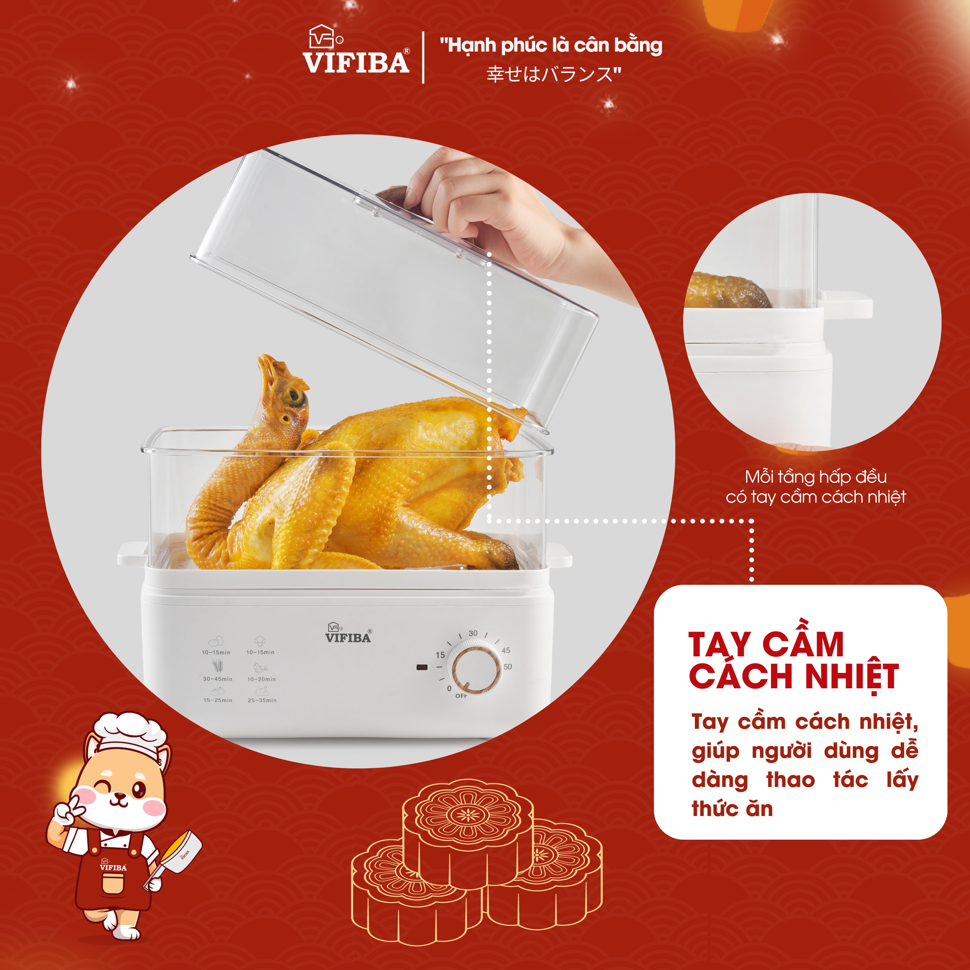 Nồi hấp điện 2 tầng VIFIBA, nồi hấp đa năng, nồi hấp 2 tầng công suất 800W, nồi hấp điện, hấp gà, hấp cá, hấp rau củ,...