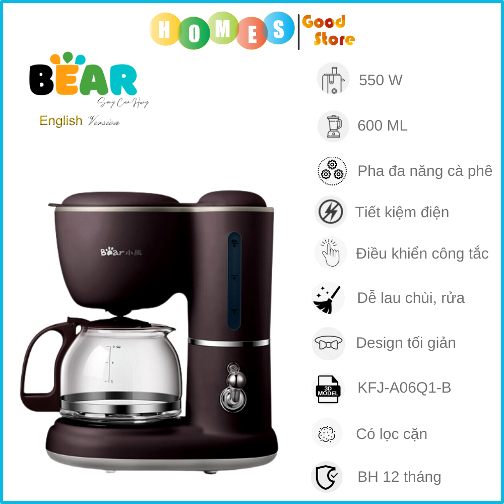 Máy Pha Cà Phê BEAR KFJ-A06Q1 Kiêm Pha Trà Công Suất 550 W - Hàng Nhập Khẩu