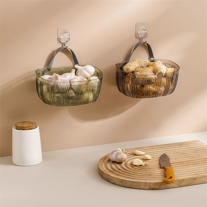 Giỏ Nhựa Treo Tường Đựng Hành Tỏi Gừng Cho Nhà Bếp- Giỏ Nhựa Dán Tường Đựng Đồ Dùng Nhà Tắm