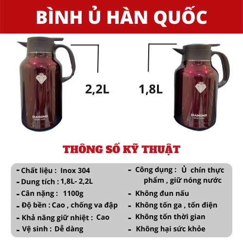 Bình Giữ Nhiệt, Phích Pha Trà DIAMOND Lõi Inox 304 Hàng Chính Hãng Giữ Nhiệt Nóng Lạnh