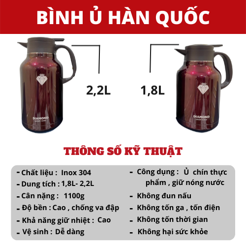 Bình Giữ Nhiệt, Phích Pha Trà DIAMOND (2.2L) Lõi Inox 304 Hàng Chính Hãng Giữ Nhiệt Nóng Lạnh