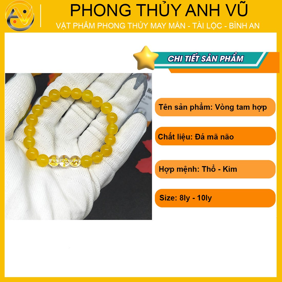 Vòng tay 12 con giáp tam hợp thân tý thìn - chất liệu mã não vàng tự nhiên - size 8 10ly - may mắn tài lộc - Vòng Tam Hợp Anh Vũ