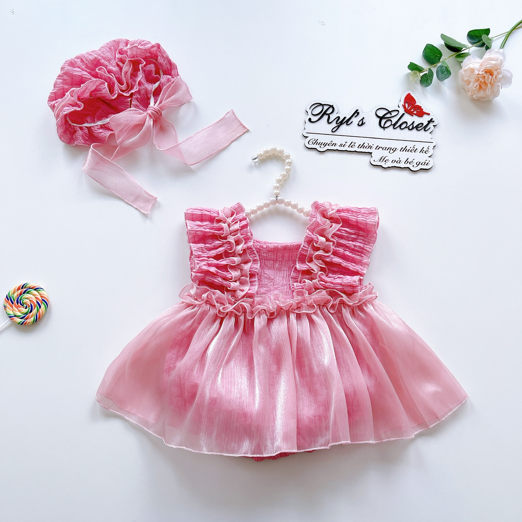 Body Váy Màu Hồng Tay Cánh Tiên Bé Gái 3 Đến 12kg Chất Đũi Xốp Phối Tơ Ánh Nhũ
