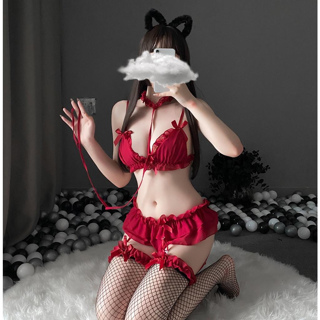 Cosplay hầu gái sexy phối nơ đáng yêu set đồ lót gợi cảm garter kèm kẹp tất đen đỏ trắng hồng quyến rũ BIKI HOUSE N915
