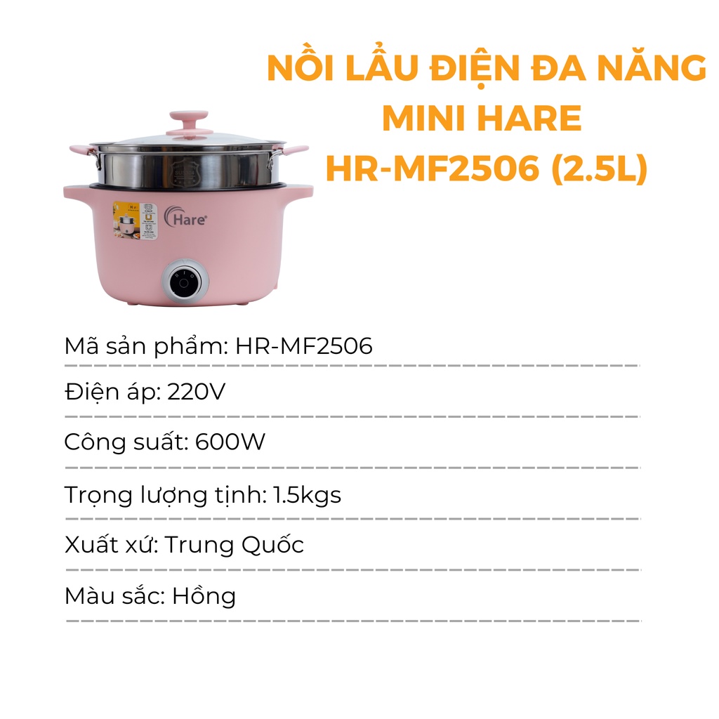 Nồi lẩu điện đa năng mini HR-MF2506 (2.5L) -hàng chính hãng thương hiệu Hare - bảo hành 12 tháng