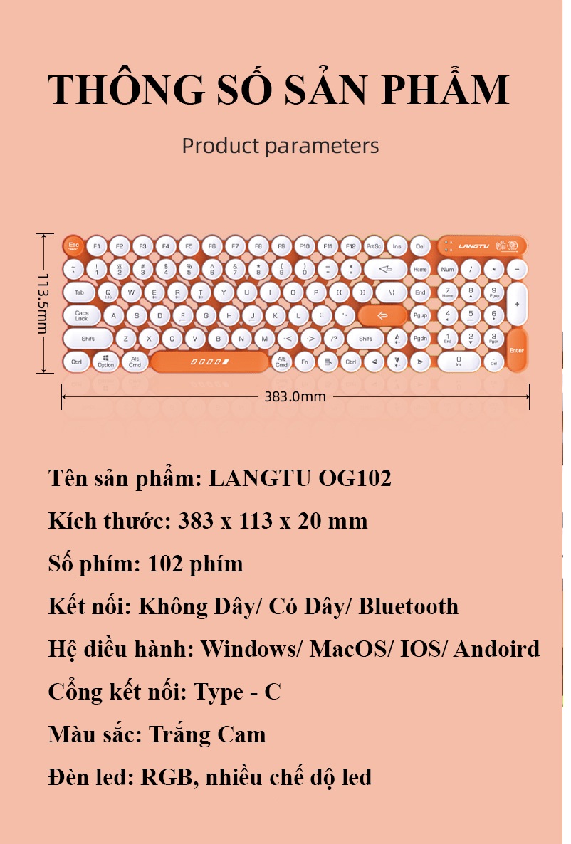 Bàn phím Bluetooth không dây LANGTU OG102 nút tròn hình tổ ong có đèn led viền bắt mắt với 3 cách kết nối tiện lợi - JL- hàng chính hãng