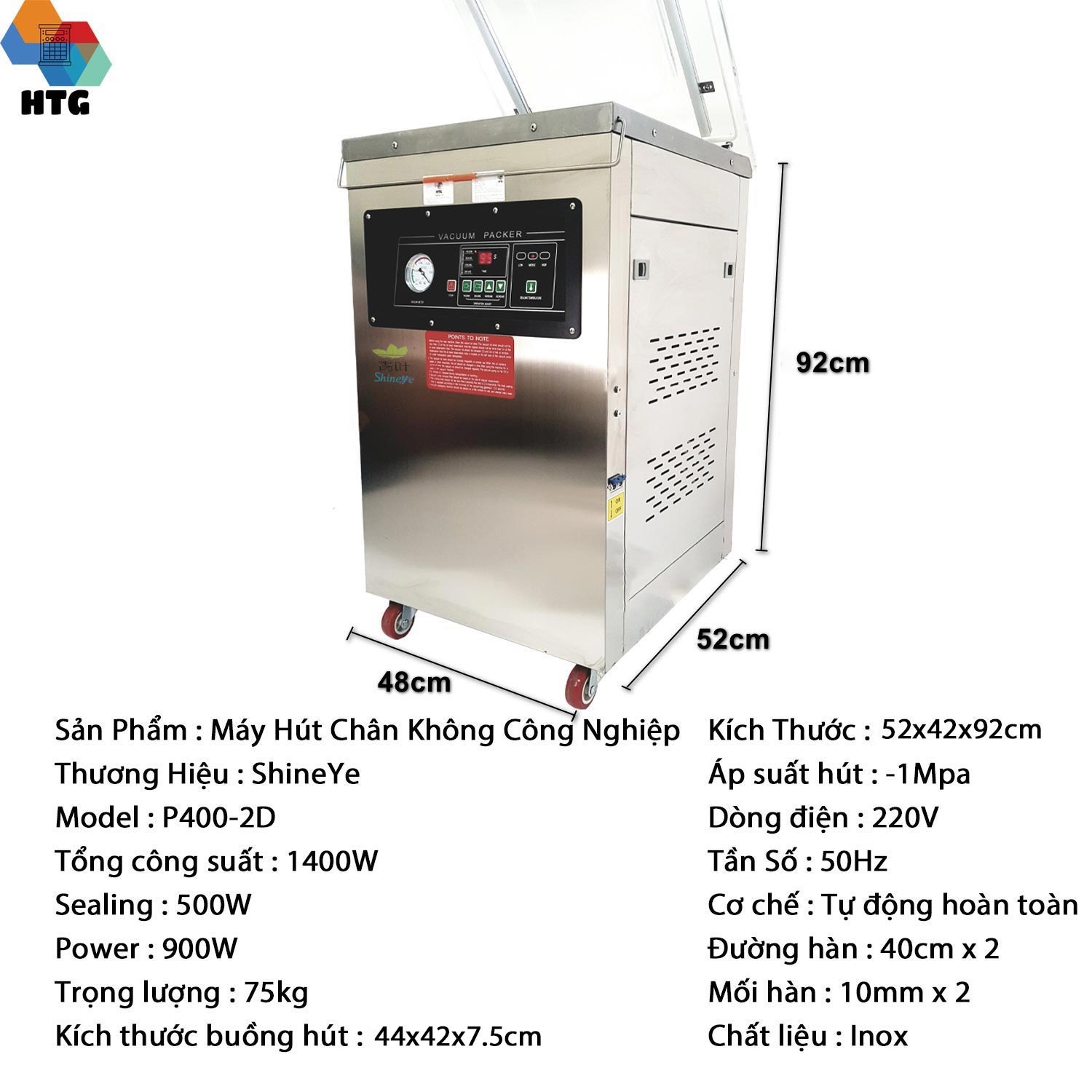 Máy hút chân không Shineye P400-2D thương mại, công nghiệp tự động bền bỉ, hút mọi loại túi nhựa thực phẩm, 2 đường hàn lớn dày 10mm hàn túi kín kẽ, độ chân không kiệt quệ, hút khô và hút nước, hàng chính hãng