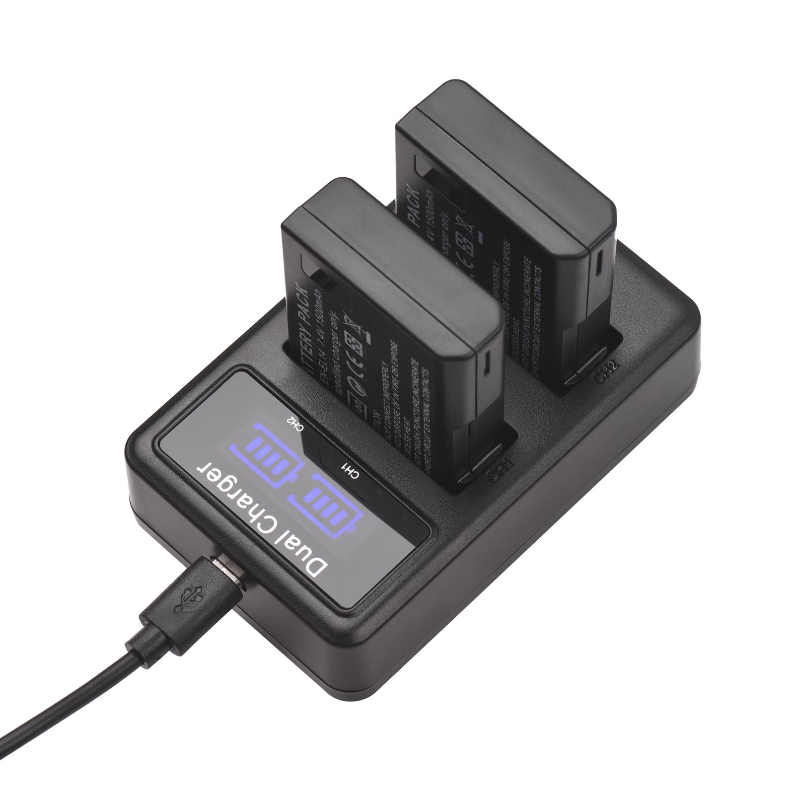 EN-EL14 Battery & Charger Kit 2pcs 7.4V 1500mAh Battery + 1pc Dual Channel Battery Charger LED Screen Display for Nikon