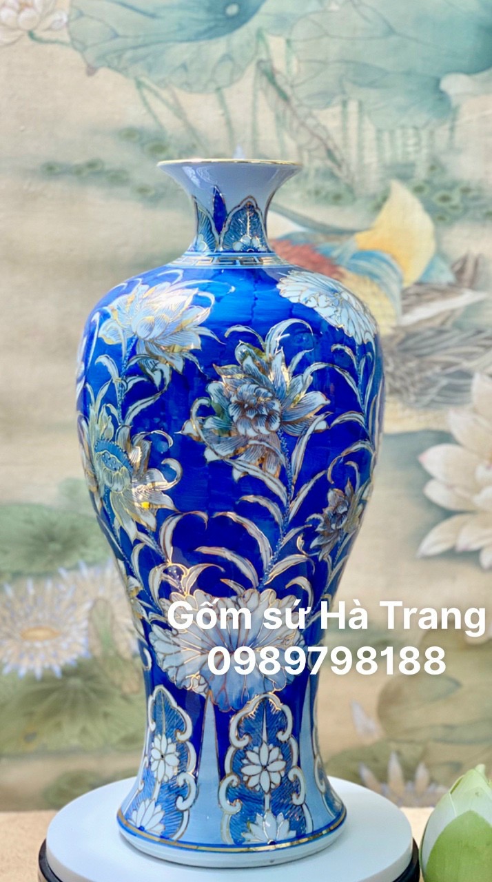Mai bình tích lộc gốm sứ Bát Tràng cao cấp vẽ vàng 24K hoạ tiết cá chép sen phú quý cao 44cm