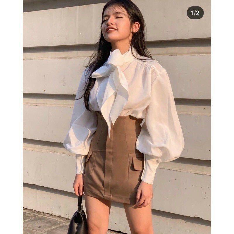 CHÂN VÁY CHỮ A NÂU 2 TÚI GIẢ