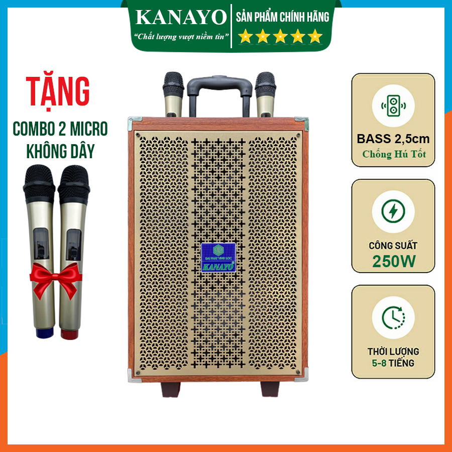 Loa kéo karaoke mini Kanayo K-252 bass 25cm công suất 200W | Hàng chính hãng chất lượng cao | Tặng 2 micro