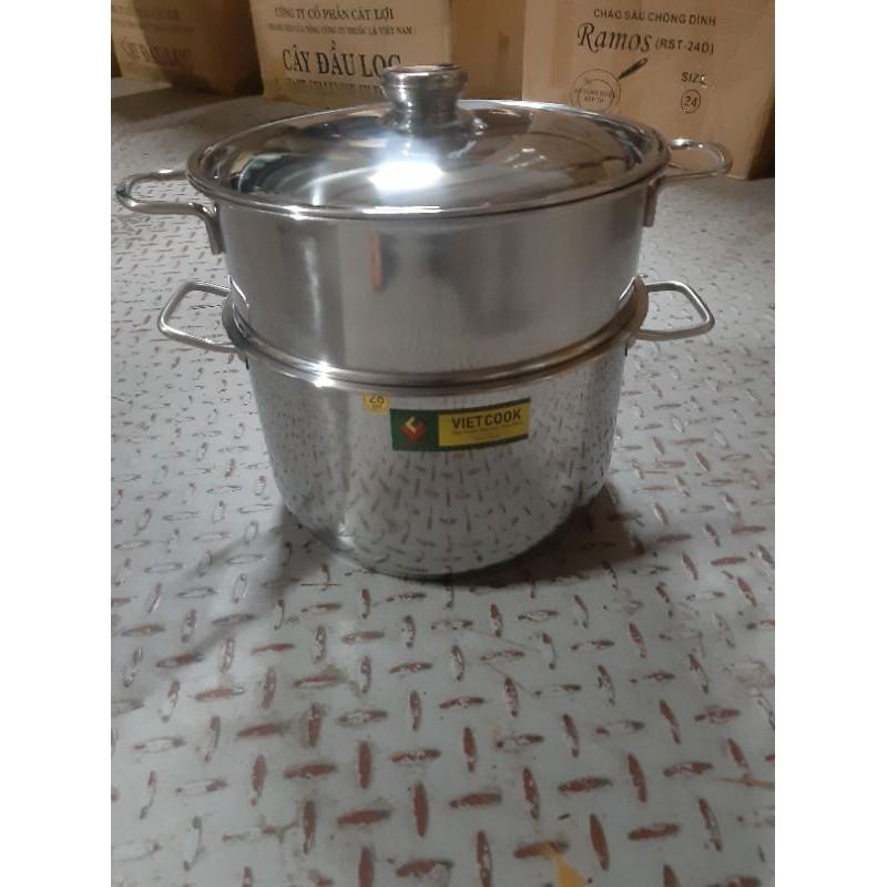 Bộ nồi xửng hấp inox ,xửng hấp inox 2 tầng 3 đáy nắp kính,nắp inox VietCook đun bếp từ size 32/chõ hấp đồ xôi